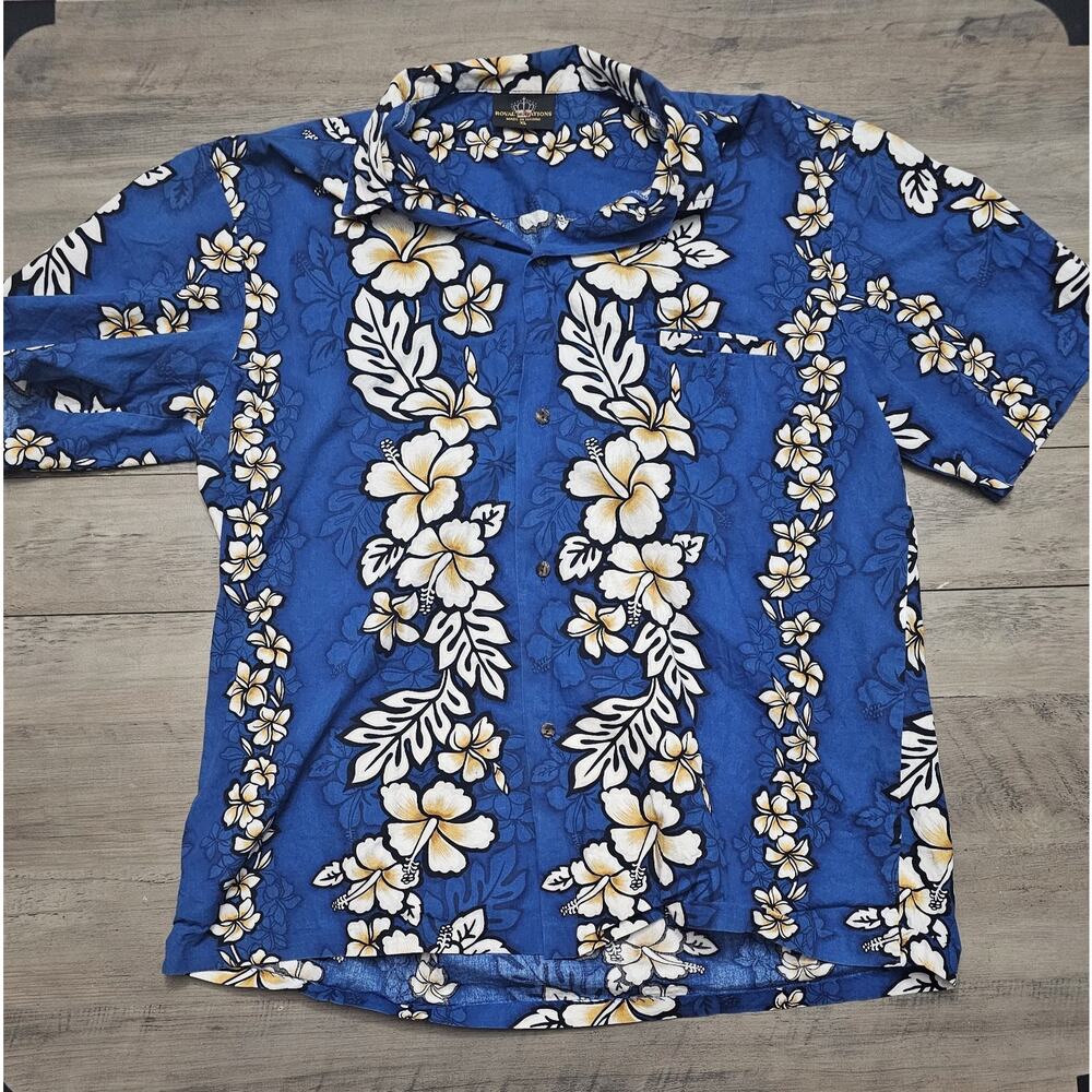 VINTAGE Royal Creations Men Button Up Shirt Large Blue Floral Hawaiian Collar XL